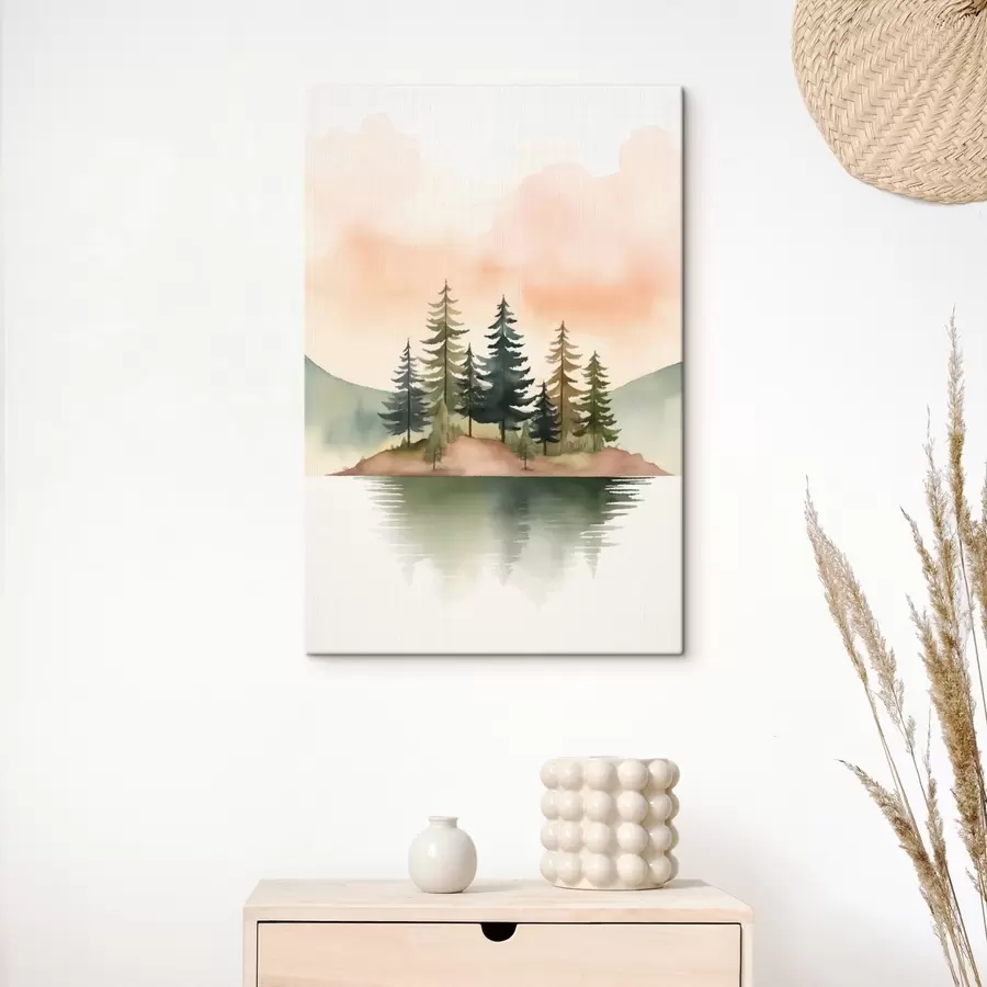 Tableau Pin aquarellé sur un îlot brumeux, ciel couleur pêche tendre s46505