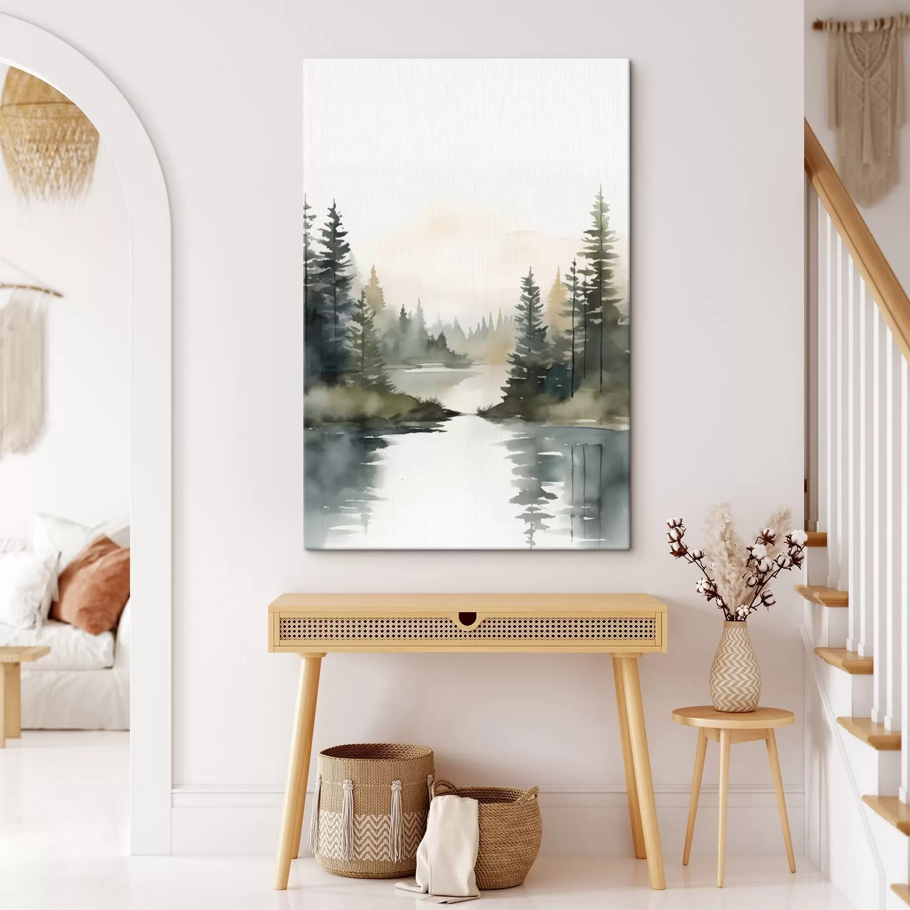 Tableau Forêt brumeuse de conifères au-dessus d'une rivière calme, style aquarelle s46507