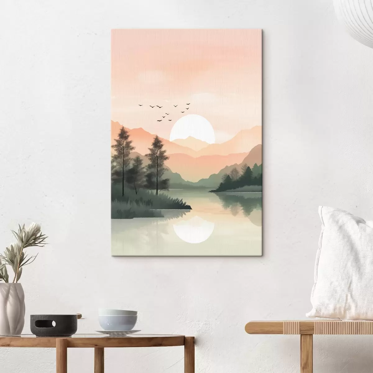 Tableau Coucher de soleil pastel sur un lac tranquille avec des collines lointaines et des oiseaux s46508