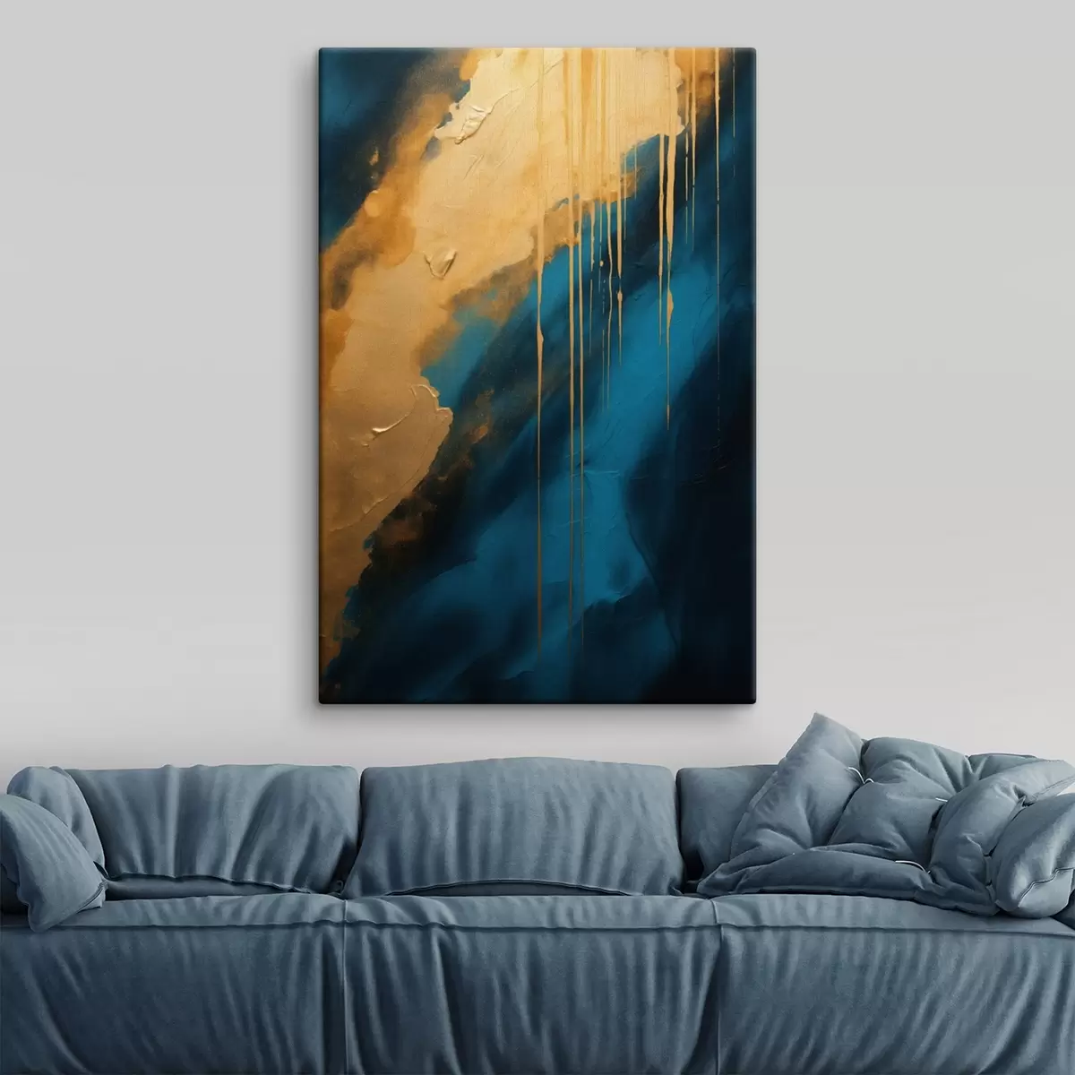 Tableau Abstrait bleu sarcelle et bleu foncé avec des reflets chauds fluides s46509