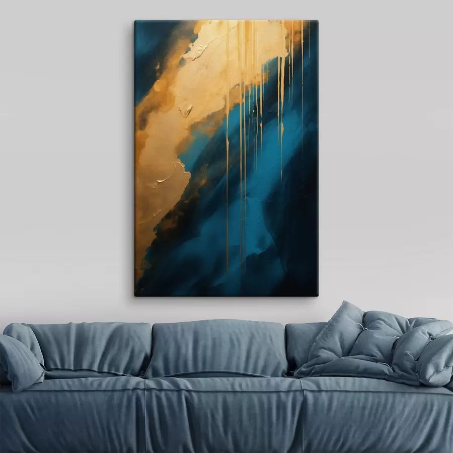 Tableau Abstrait bleu sarcelle et bleu foncé avec des reflets chauds fluides s46509