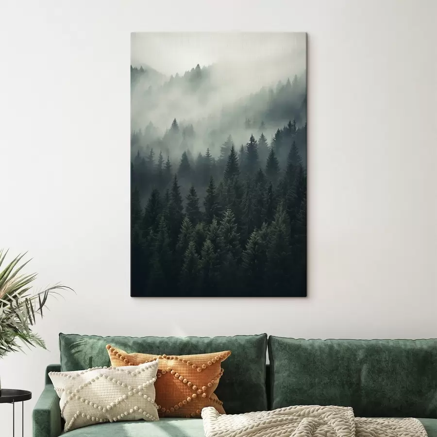 Tableau Brouillard roulant sur une forêt dense à feuilles persistantes s46512