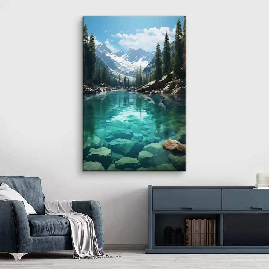 Tableau Rivière alpine limpide avec lit rocheux et sommets enneigés s46514