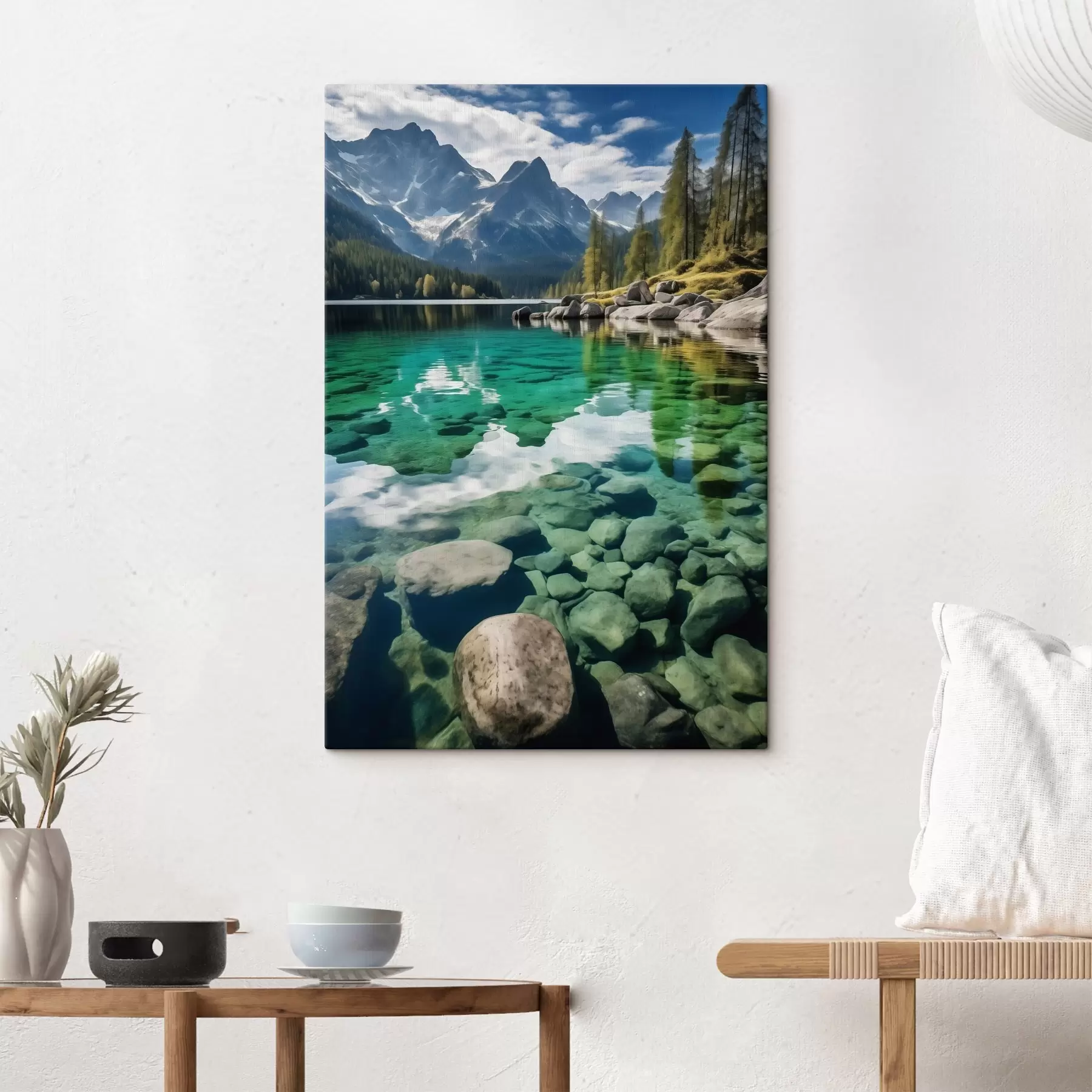 Tableau Lac alpin émeraude avec des rochers en contrebas et des pics imposants s46515