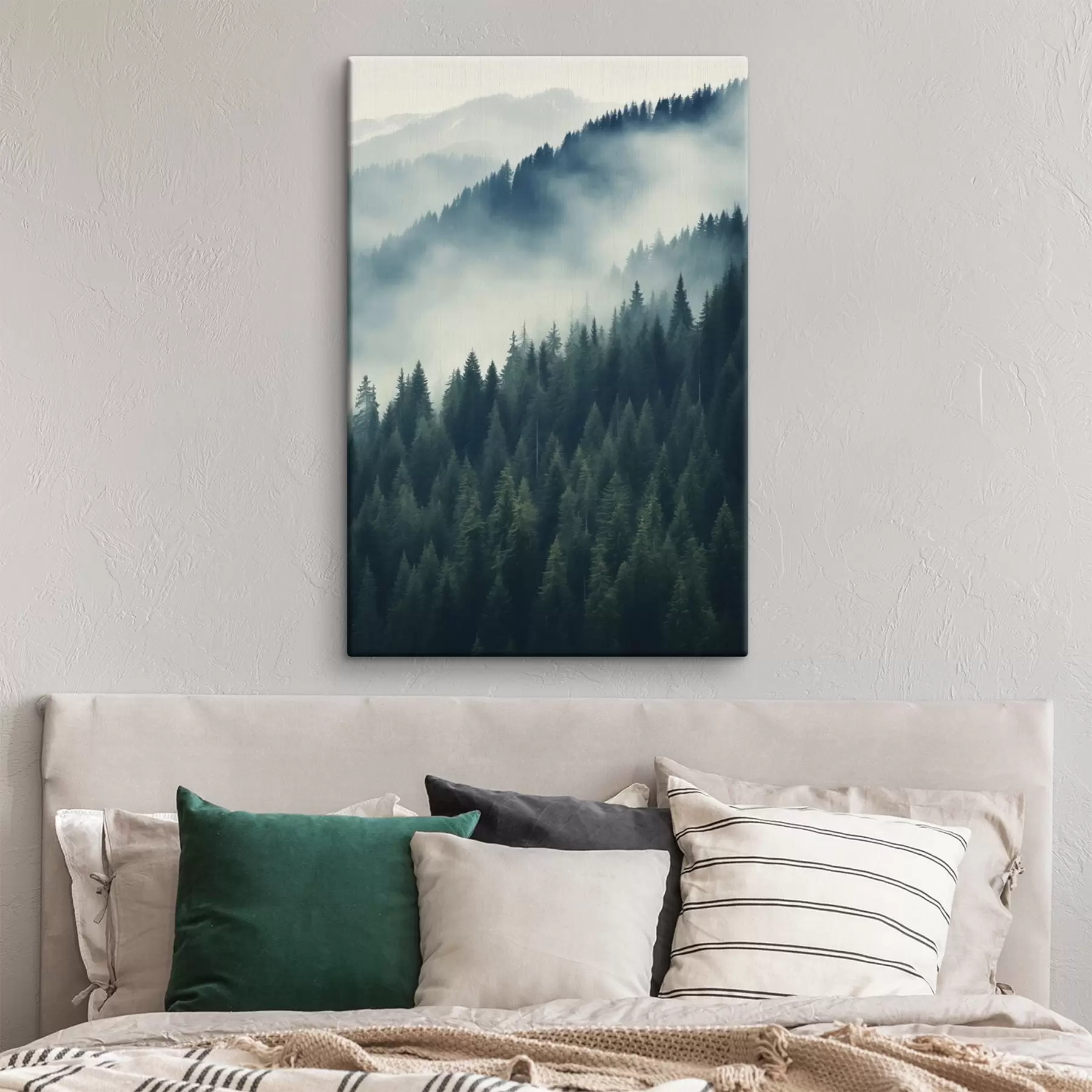 Tableau Brouillard sur les pentes couvertes de conifères, tons vert foncé s46516
