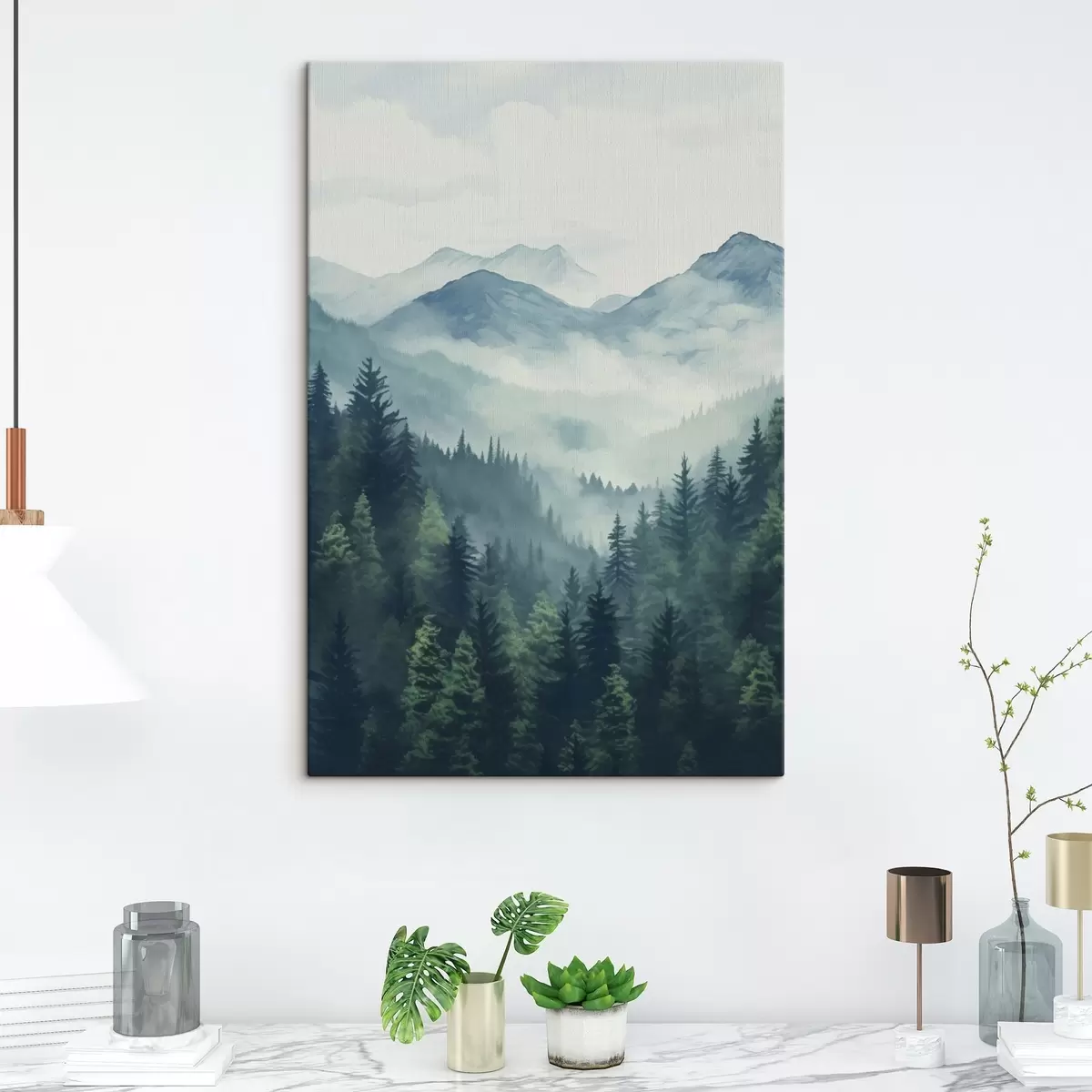 Tableau Montagnes et forêt aquarellées dans la douce brume matinale s46519