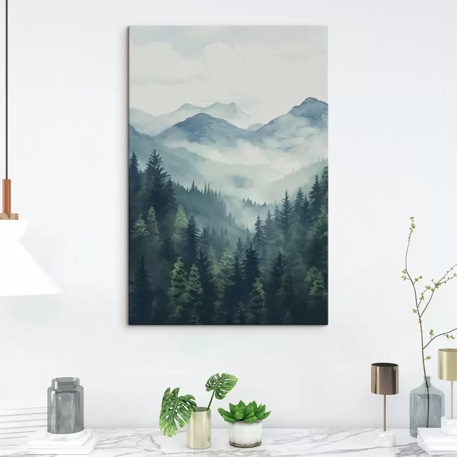 Tableau Montagnes et forêt aquarellées dans la douce brume matinale s46519