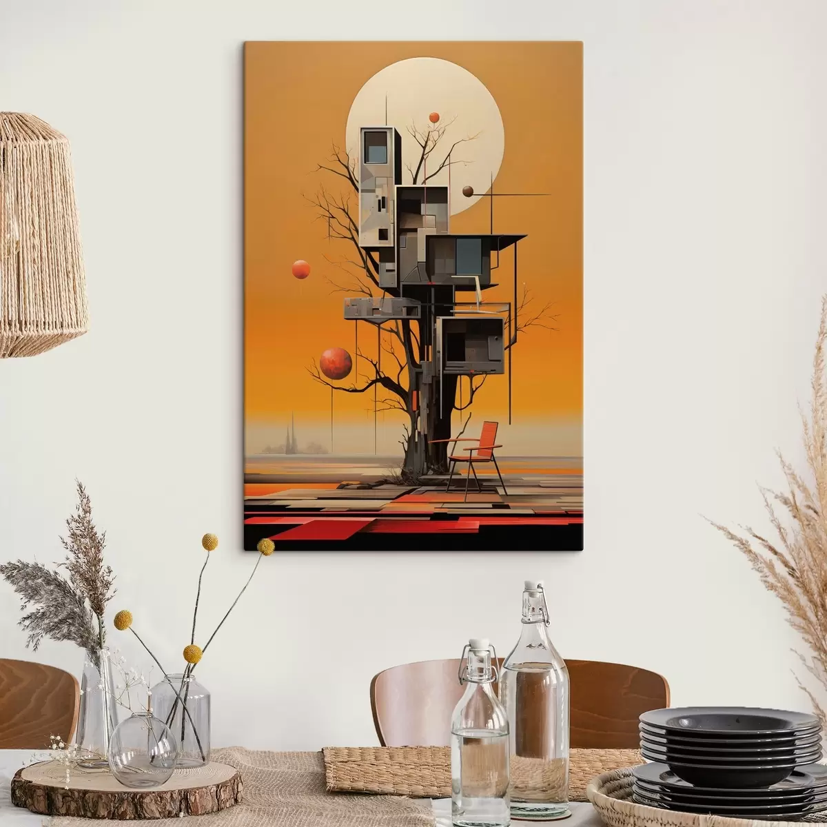 Tableau Cabane surréaliste dans les arbres sur fond orange s46526