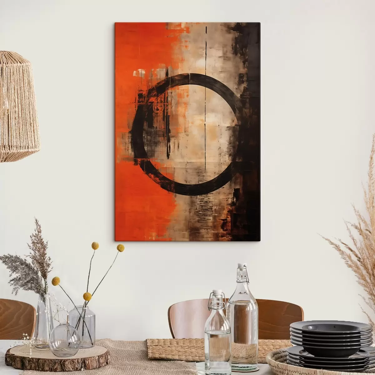 Tableau Résumé avec un grand cercle noir et des textures chaleureuses s46528