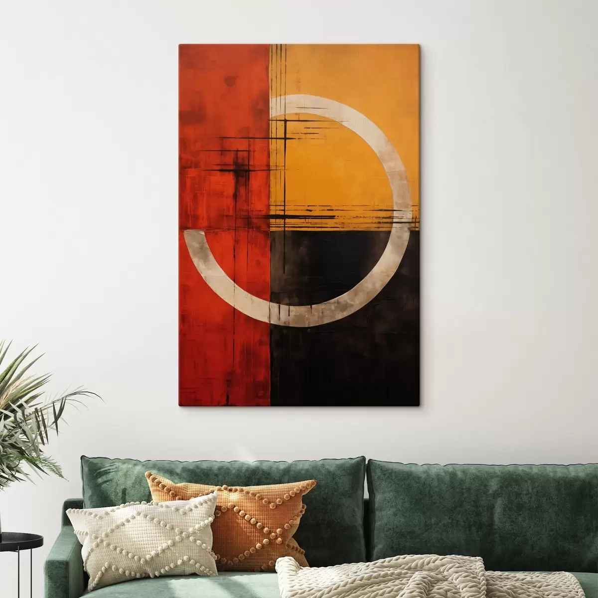 Tableau Cercle abstrait sur fond rouge et noir avec des lignes s46535