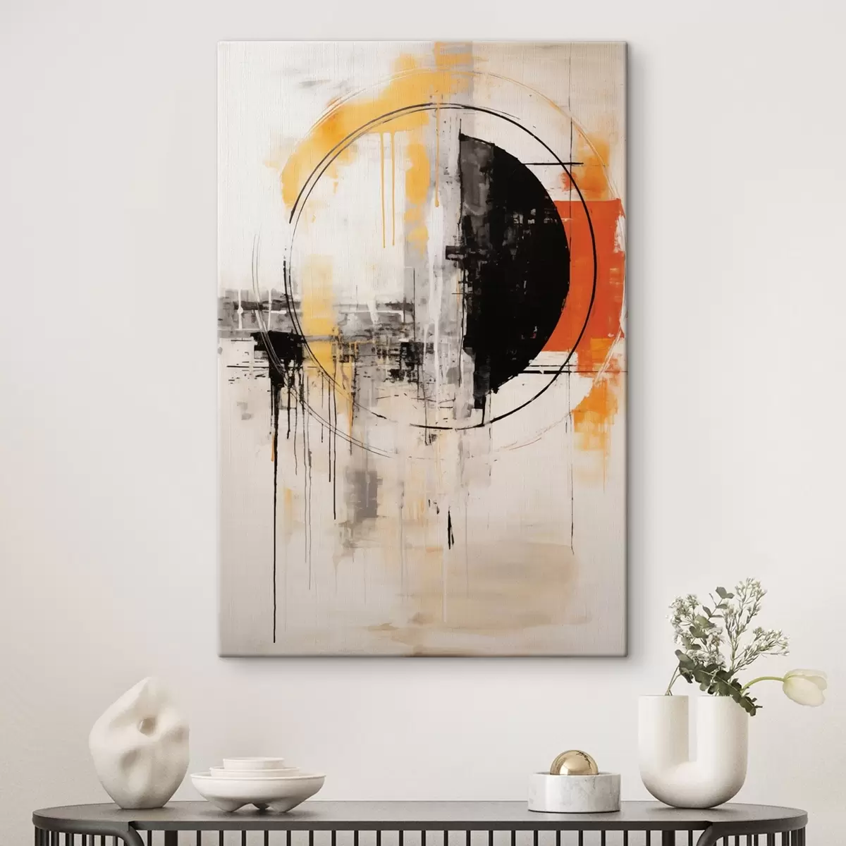 Tableau Cercle orange monochrome avec coulures texturées s46536