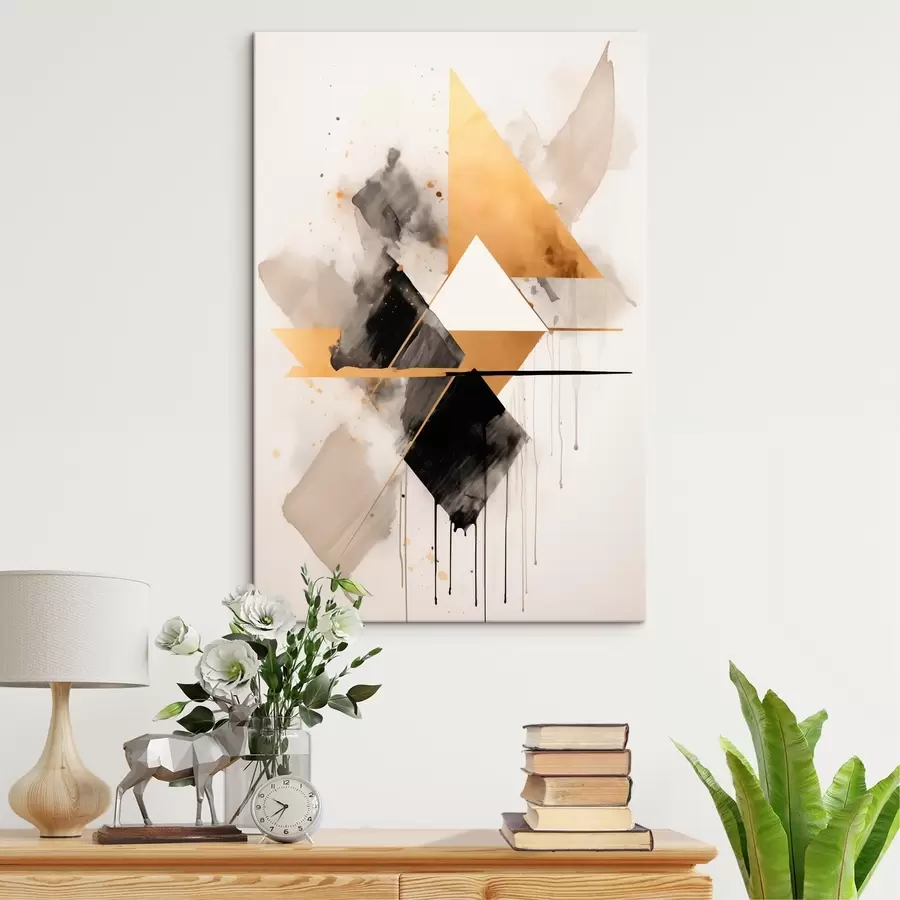 Tableau Géométrie avec des triangles et un losange noir, traits beiges s46539