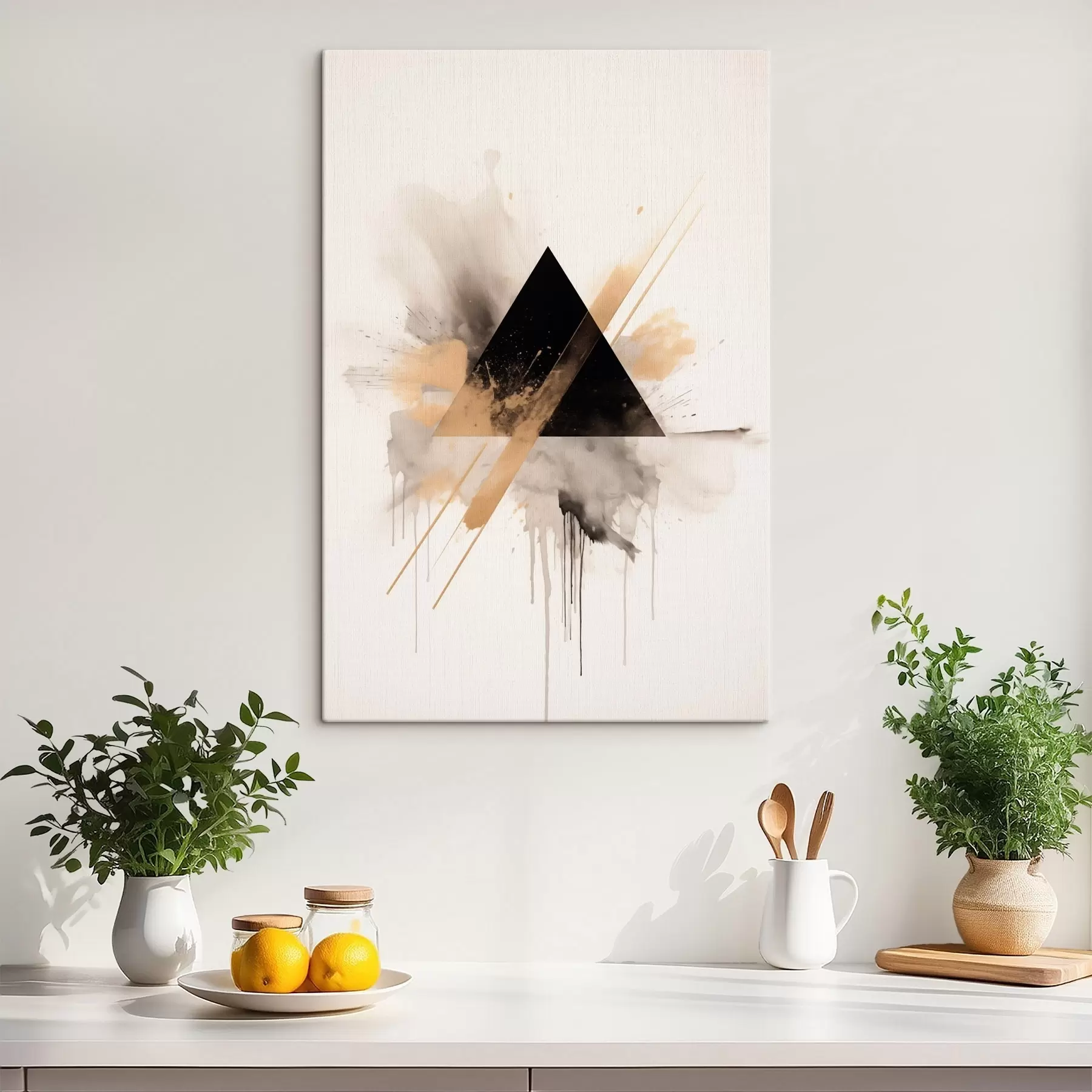 Tableau Géométrie : triangle noir avec des éclaboussures et des lignes claires s46540