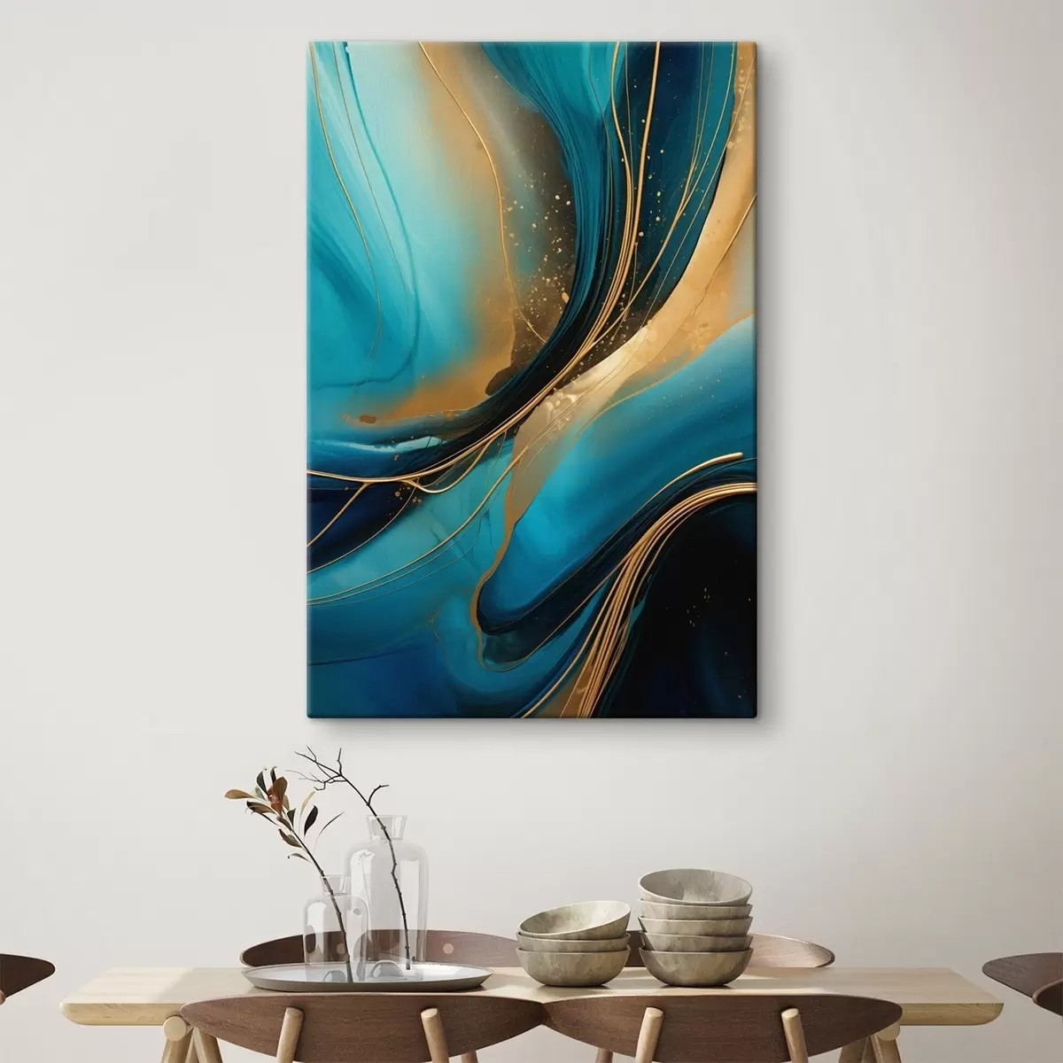 Tableau Flux turquoise avec de fins fils ocre s46543