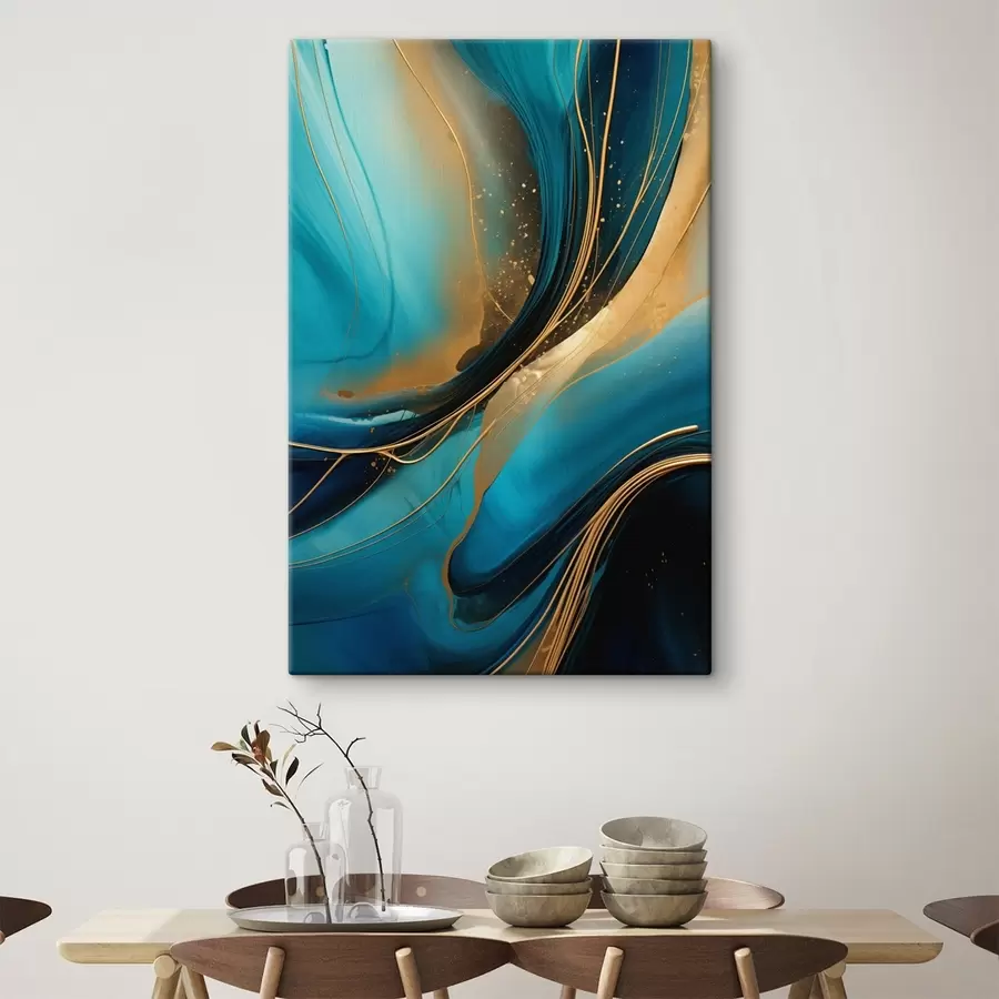 Tableau Flux turquoise avec de fins fils ocre s46543