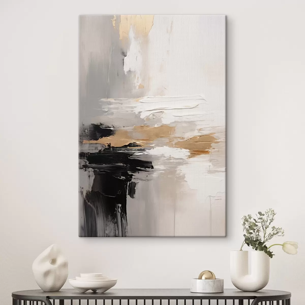 Tableau Couches contrastées de noir et d'ocre sur fond nude s46544