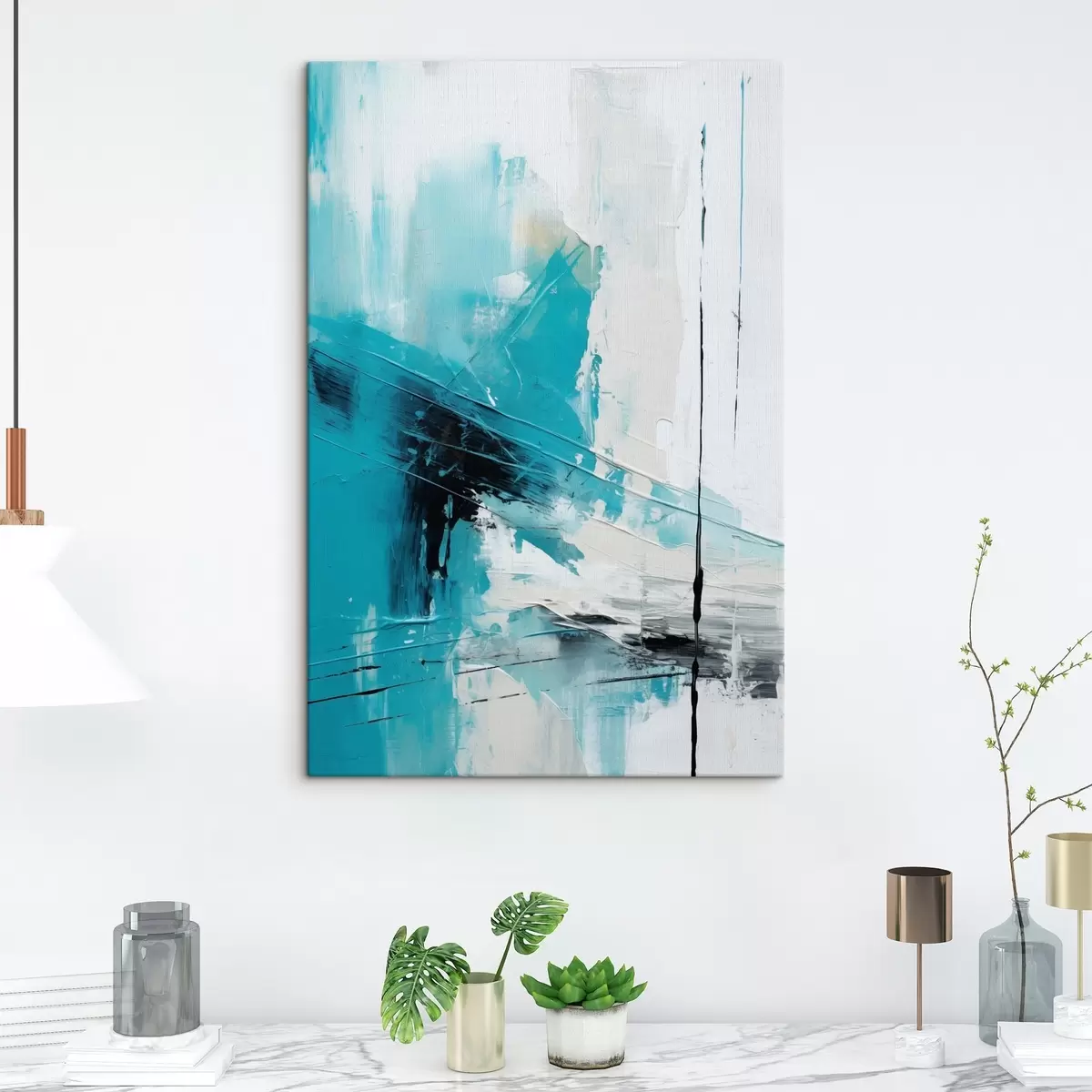 Tableau Trait turquoise sur fond blanc avec un trait noir s46545