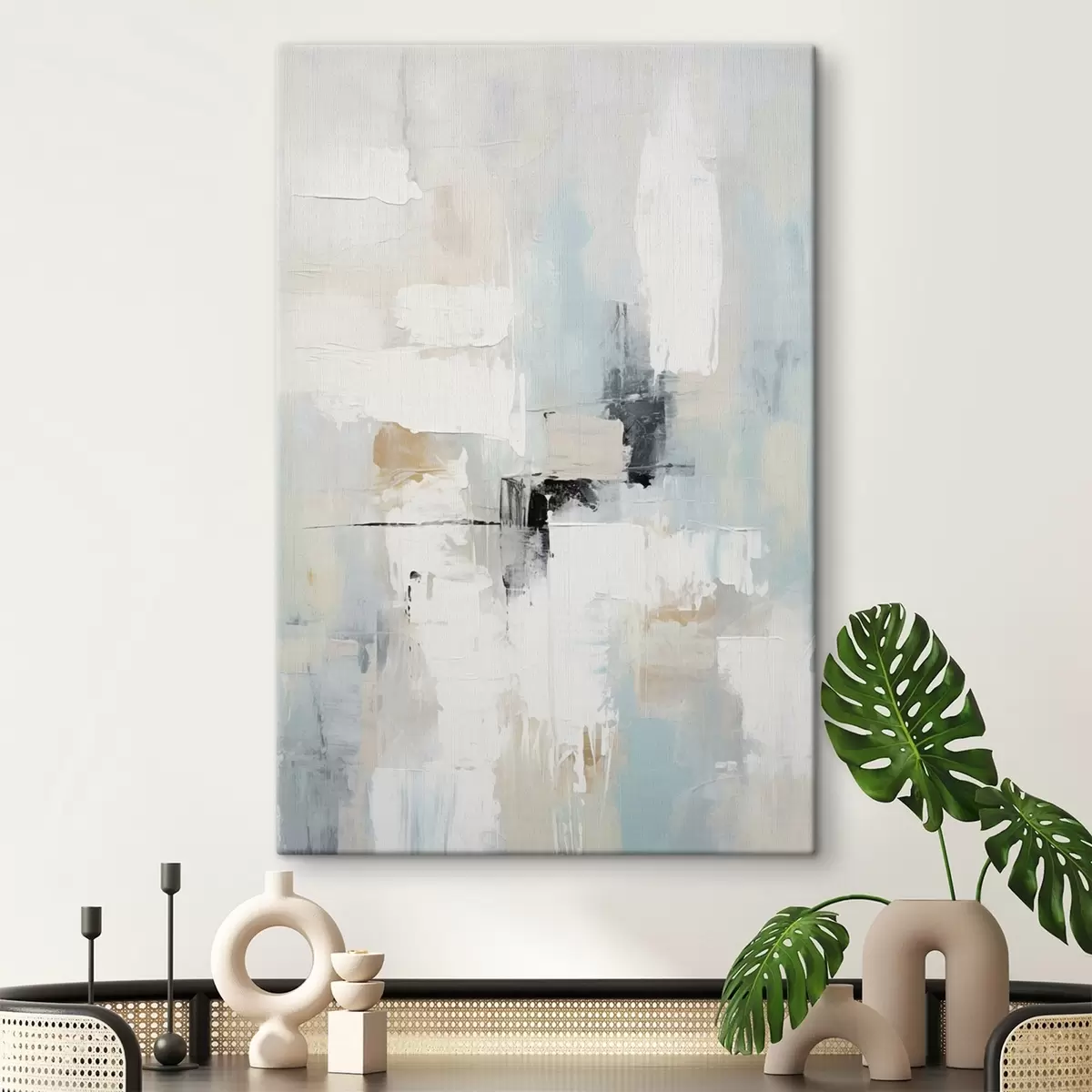 Tableau Abstrait aux tons clairs avec une touche de noir s46548