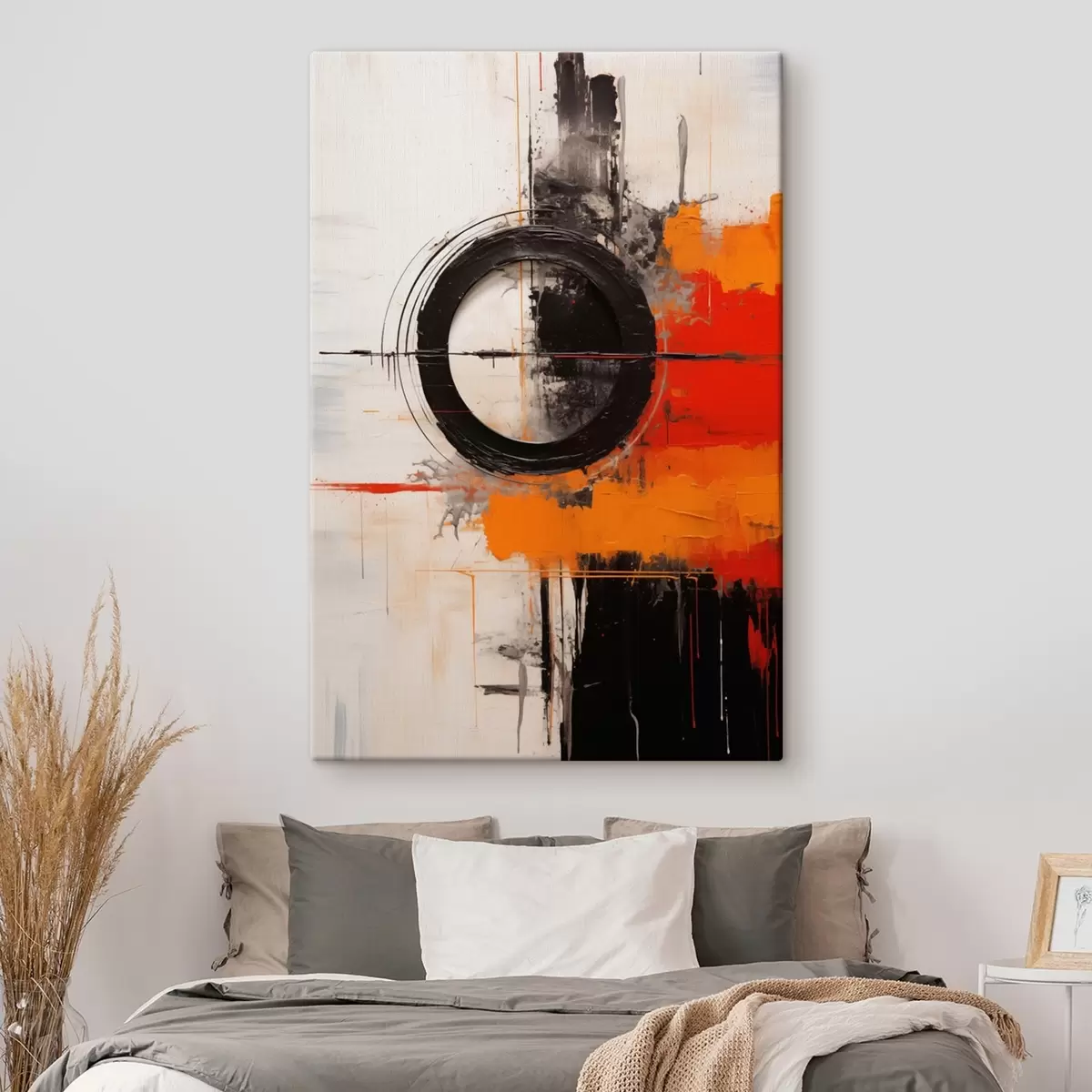 Tableau Cercle noir sur fond blanc, traits et éclaboussures orange s46549