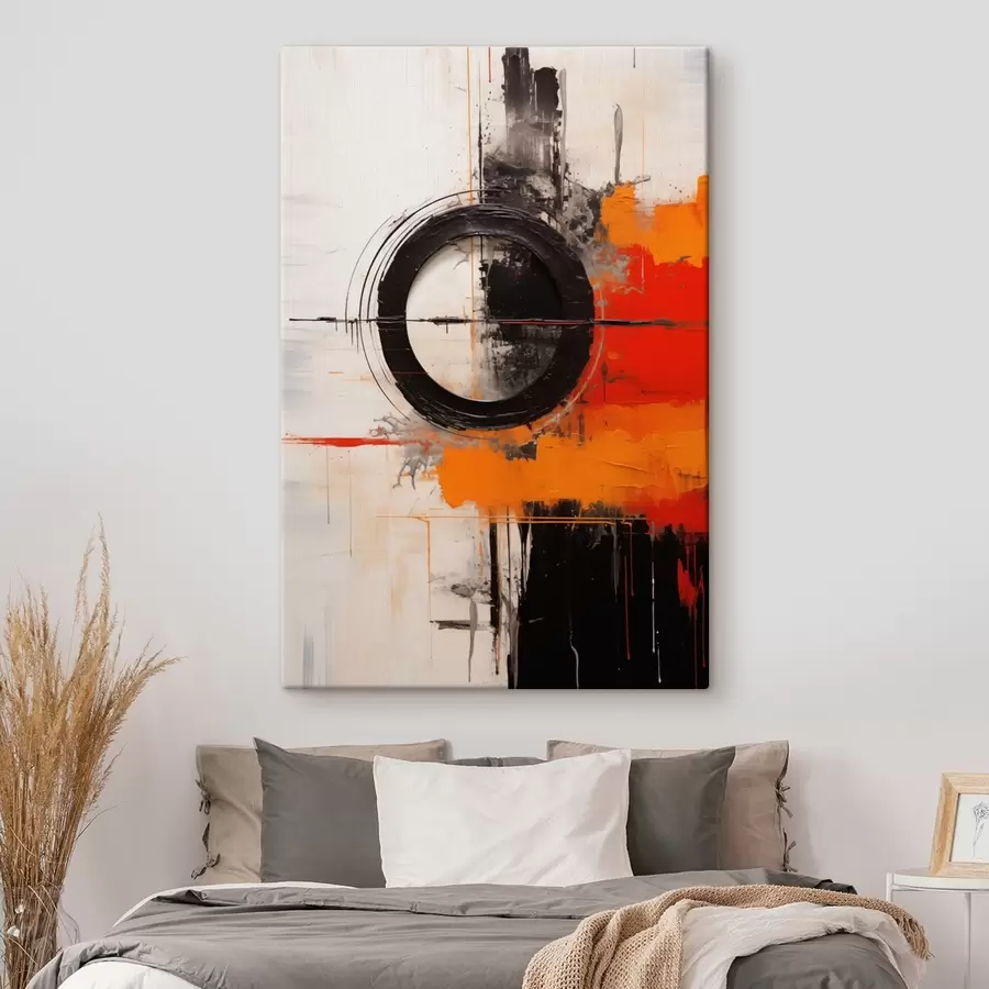 Tableau Cercle noir sur fond blanc, traits et éclaboussures orange s46549