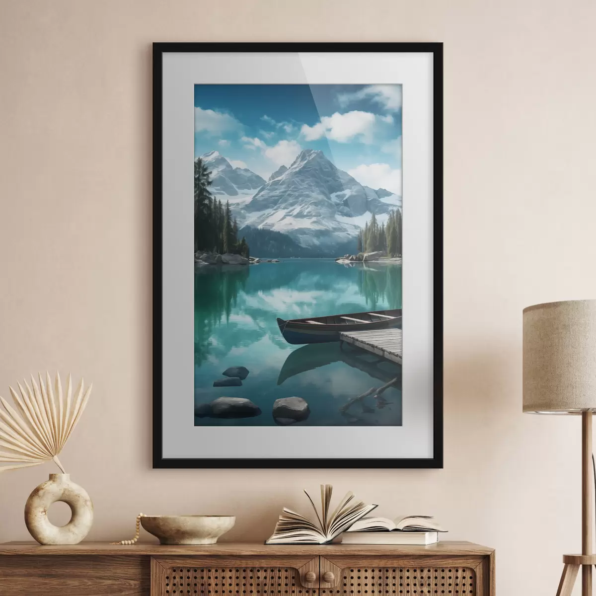 Poster Lac alpin avec canoë et sommets enneigés f46481