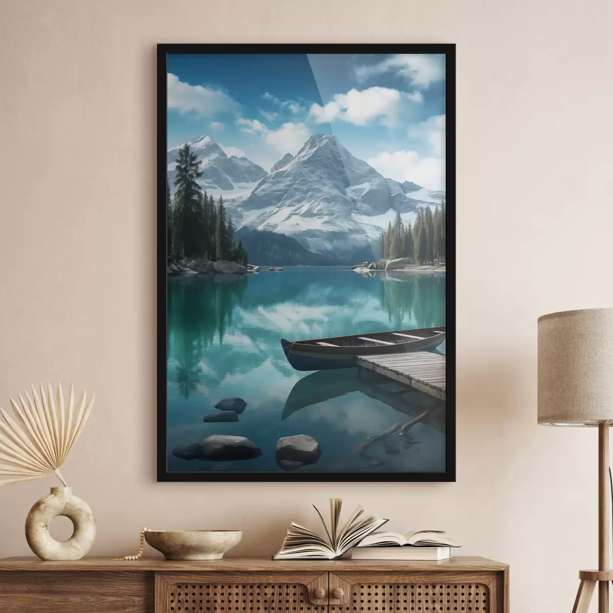 Poster Lac alpin avec canoë et sommets enneigés f46481