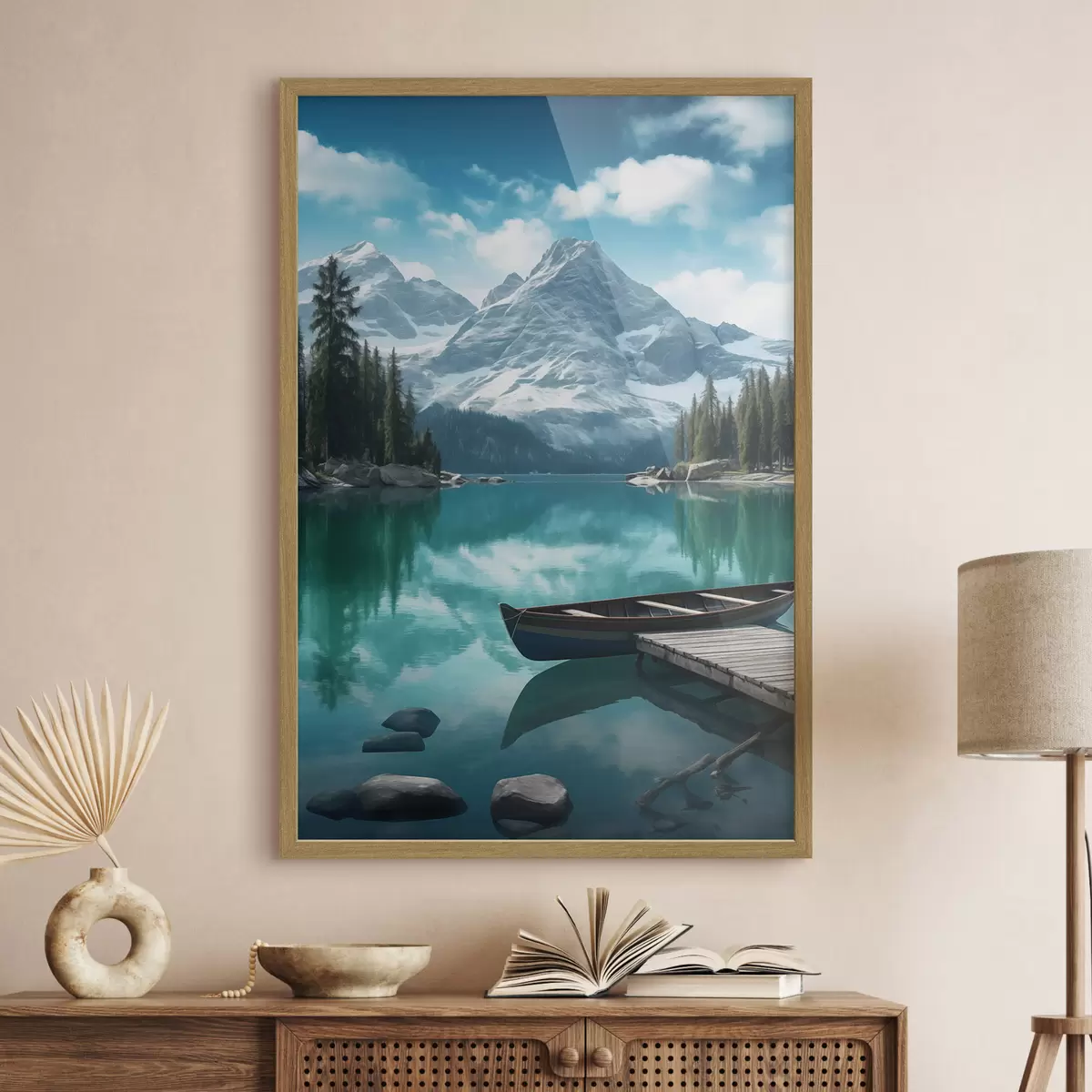 Poster Lac alpin avec canoë et sommets enneigés f46481