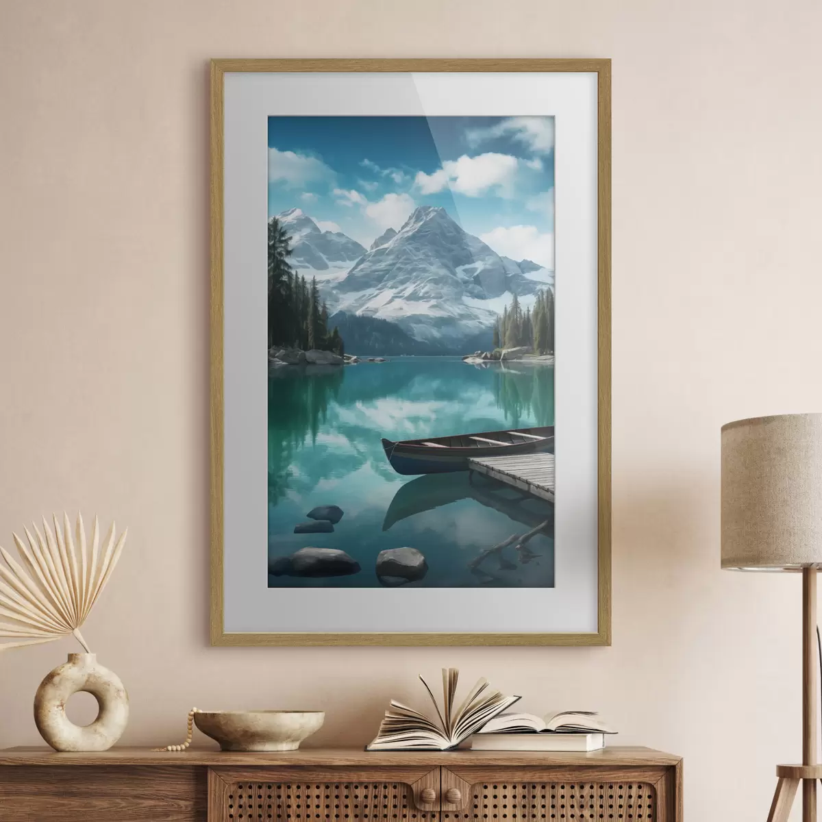 Poster Lac alpin avec canoë et sommets enneigés f46481