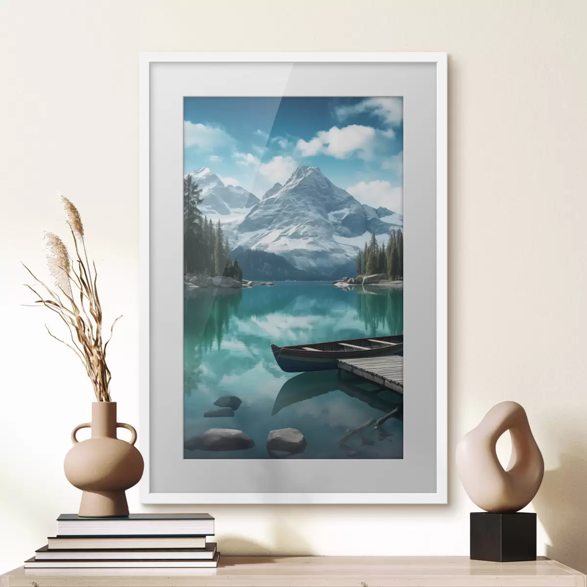 Poster Lac alpin avec canoë et sommets enneigés f46481