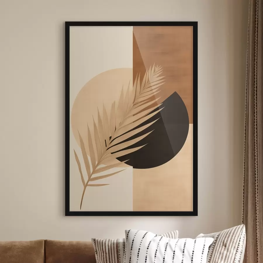 Papier peint Feuille de palmier sur géométrie en terre cuite et crème f46490