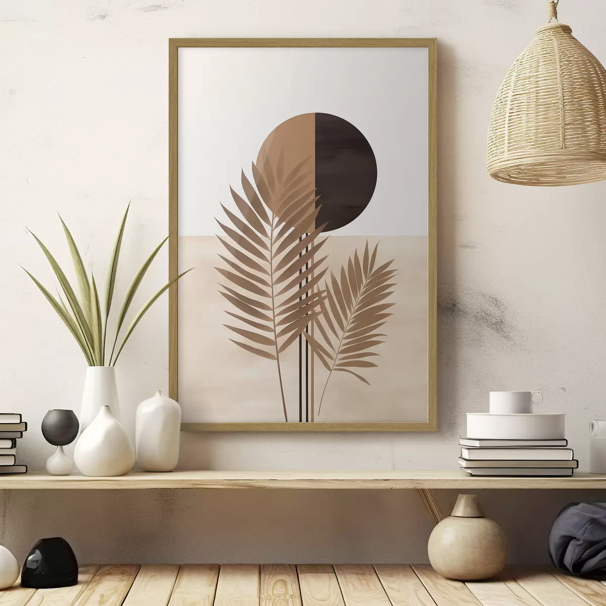 Poster Deux feuilles de palmier avec motif soleil en cercle divisé f46491