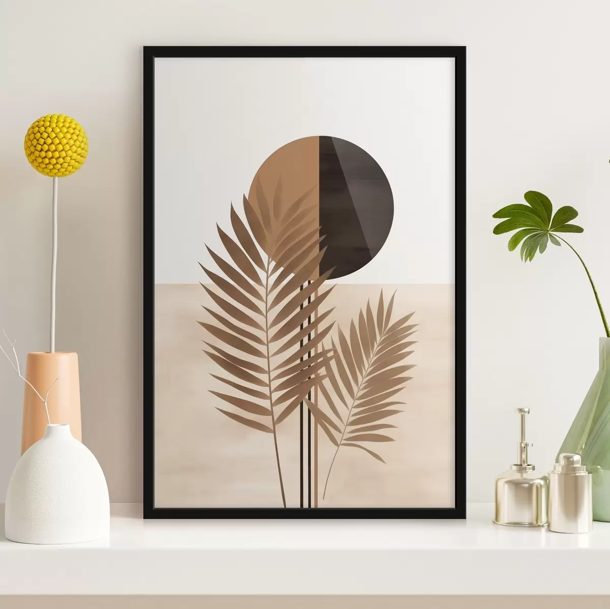 Poster Deux feuilles de palmier avec motif soleil en cercle divisé f46491