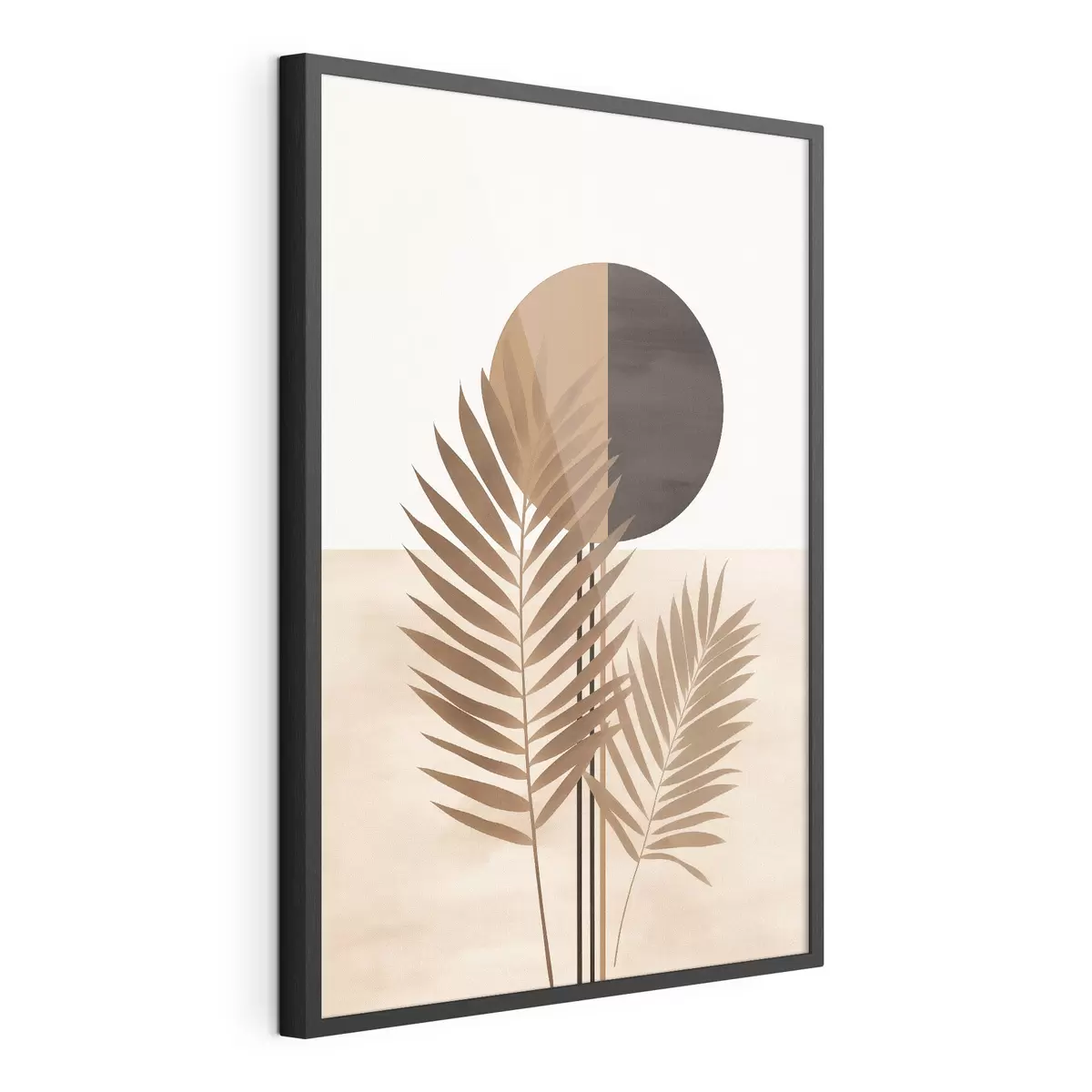 Poster Deux feuilles de palmier avec motif soleil en cercle divisé f46491