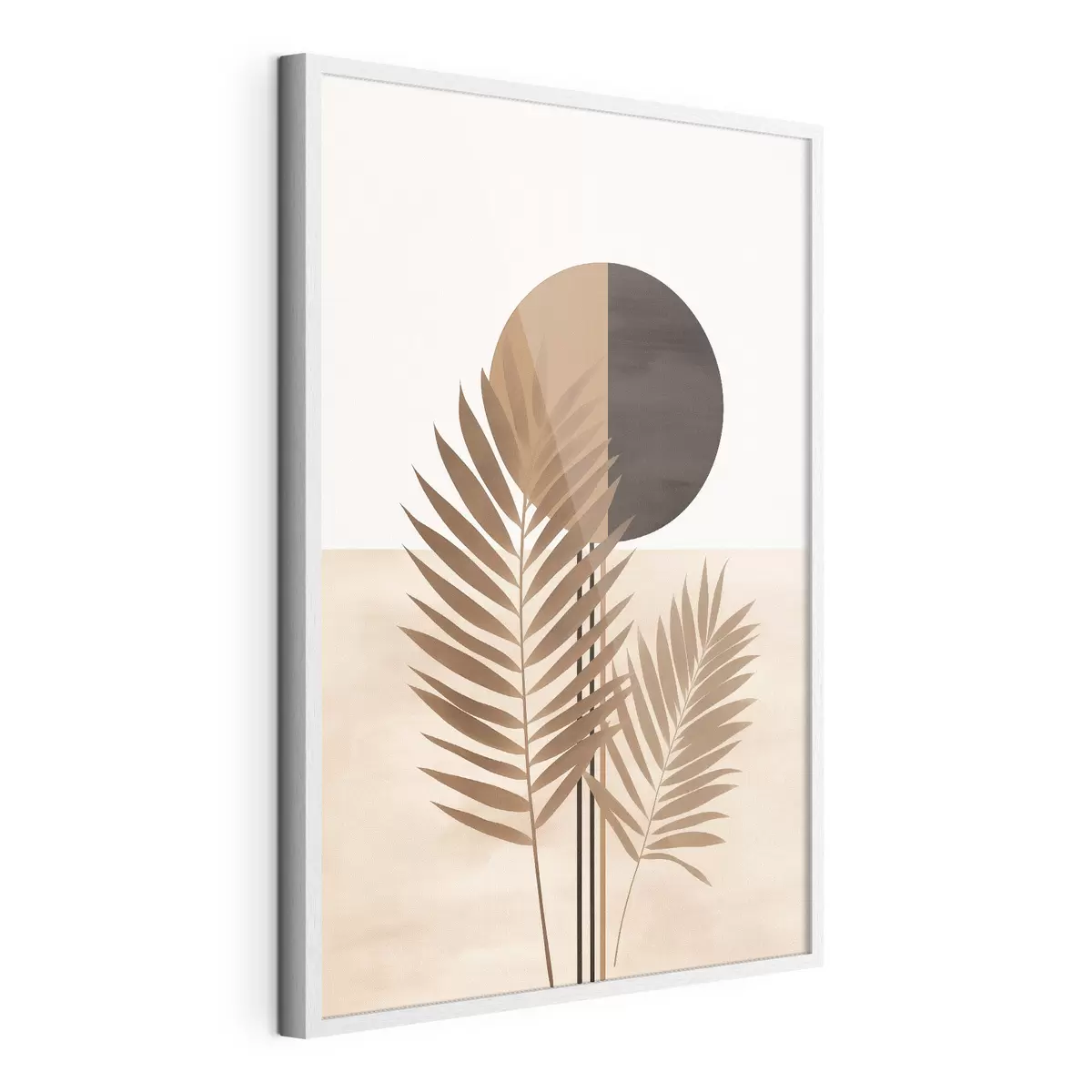 Poster Deux feuilles de palmier avec motif soleil en cercle divisé f46491