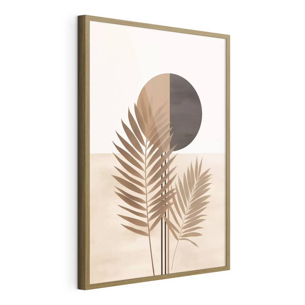 Poster Deux feuilles de palmier avec motif soleil en cercle divisé f46491