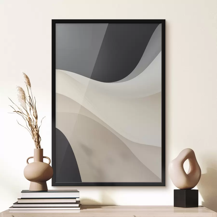 Papier peint Courbes fluides superposées en noir, crème et taupe f46492