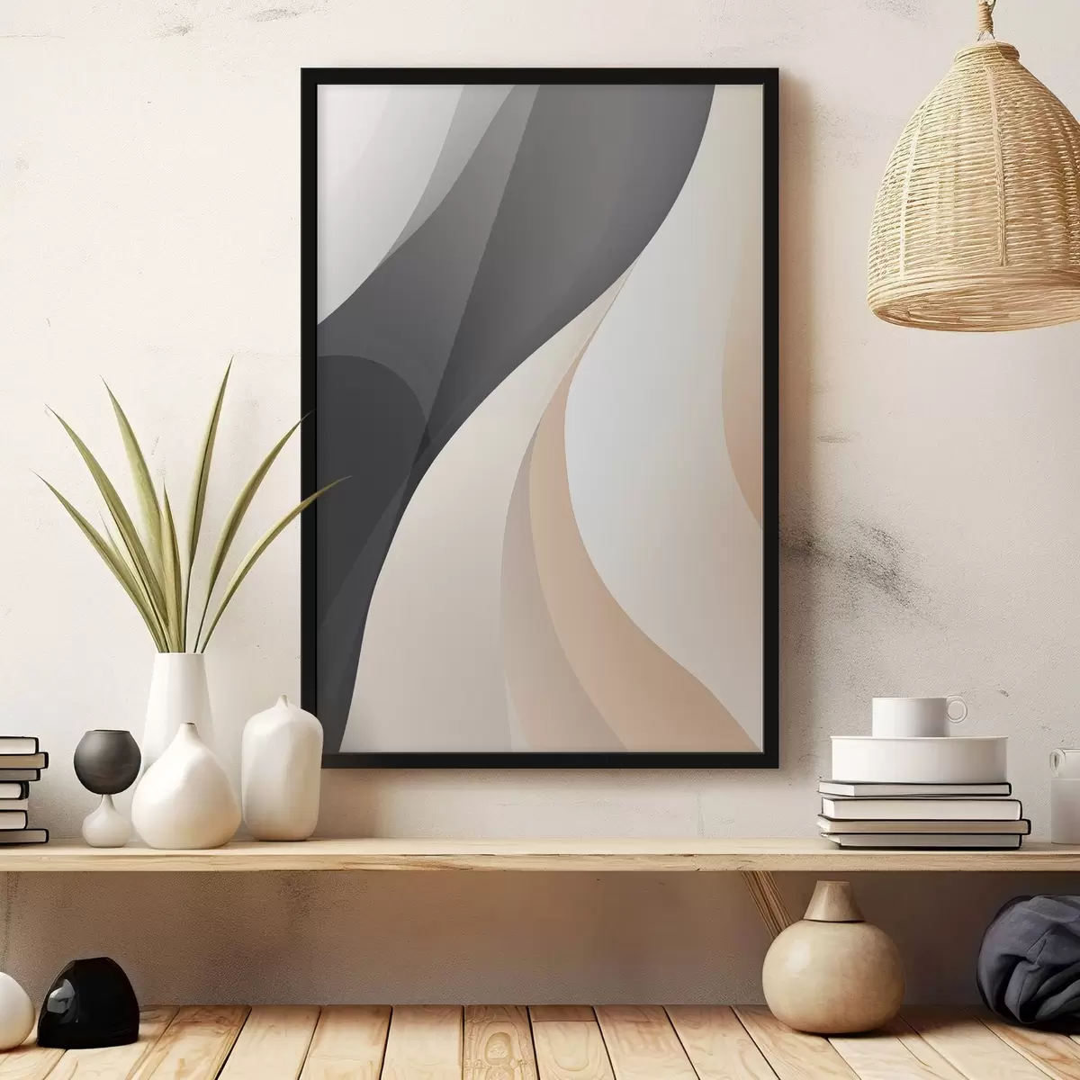 Poster Courbes élégantes et superposées dans les tons charbon, ivoire et sable f46493
