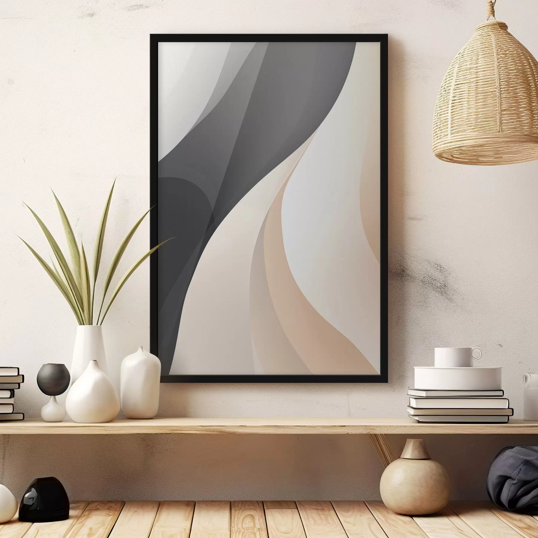 Papier peint Courbes élégantes et superposées dans les tons charbon, ivoire et sable f46493