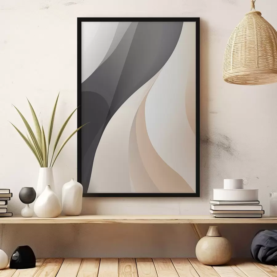 Papier peint Courbes élégantes et superposées dans les tons charbon, ivoire et sable f46493