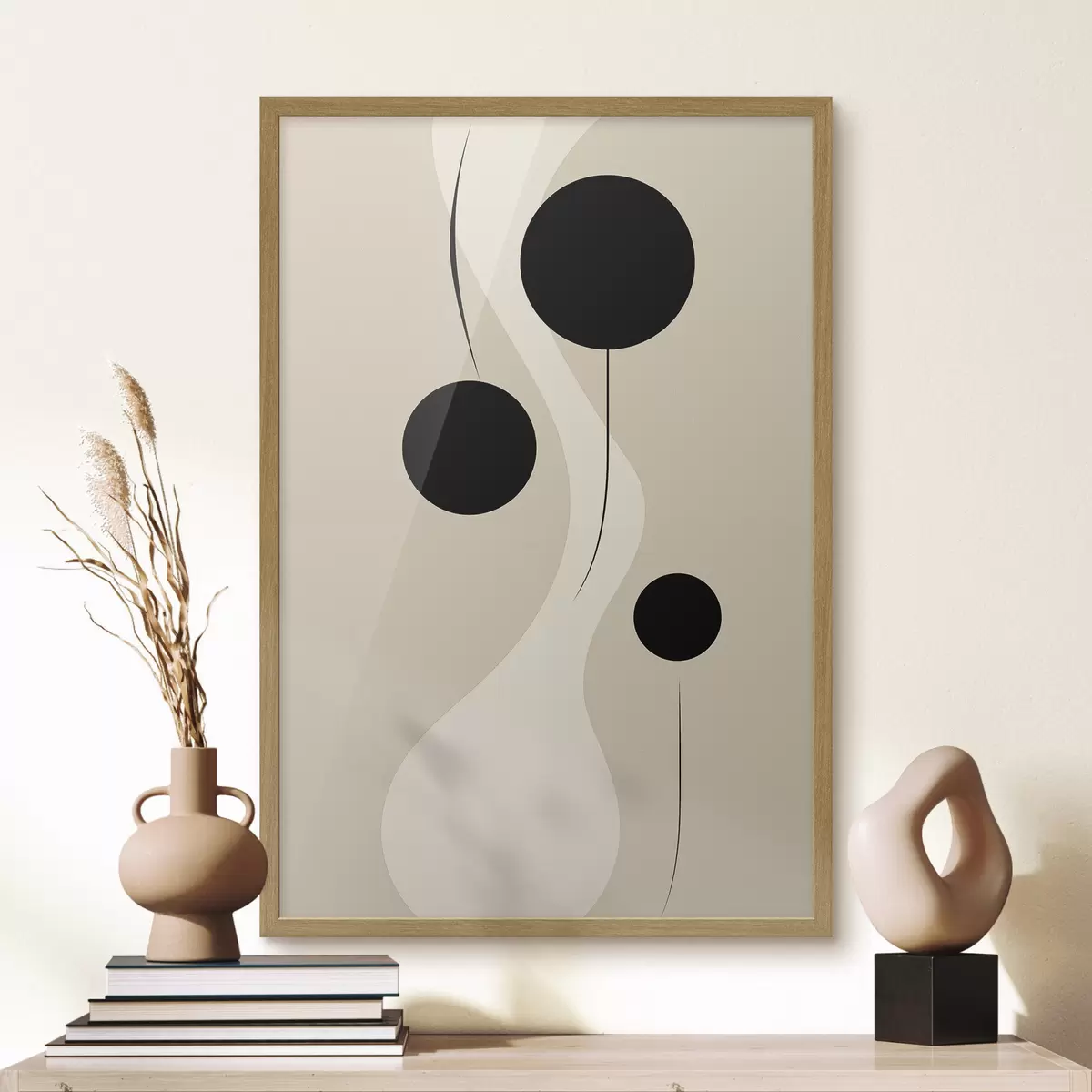 Poster Cercles minimalistes sur fond beige rehaussés de lignes fluides f46496