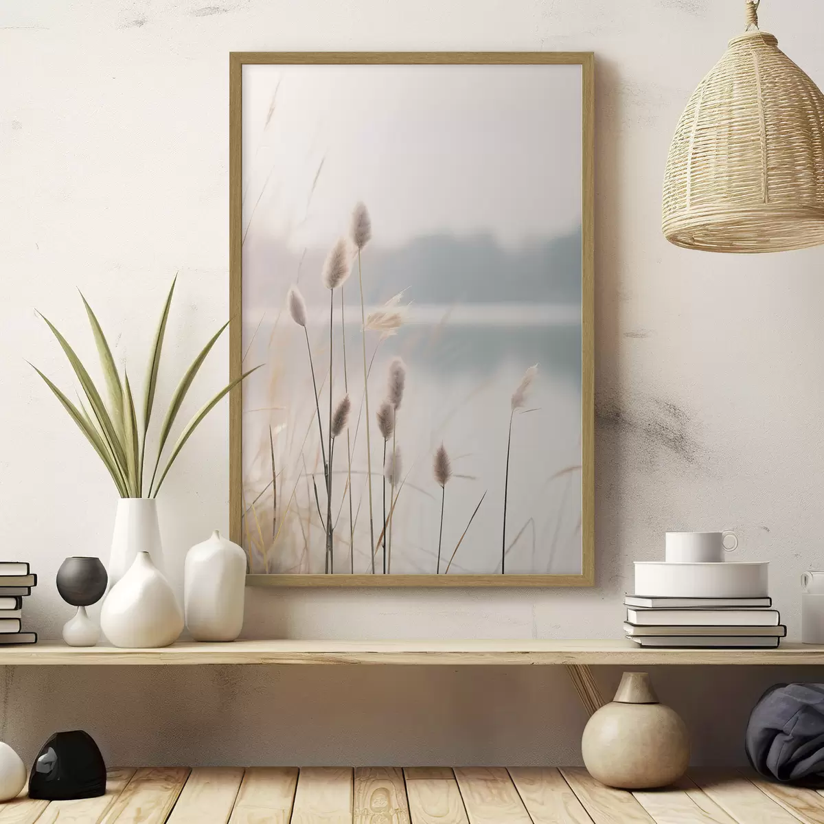 Poster Roseaux souples au bord d'un lac brumeux, tons beiges pastel f46504