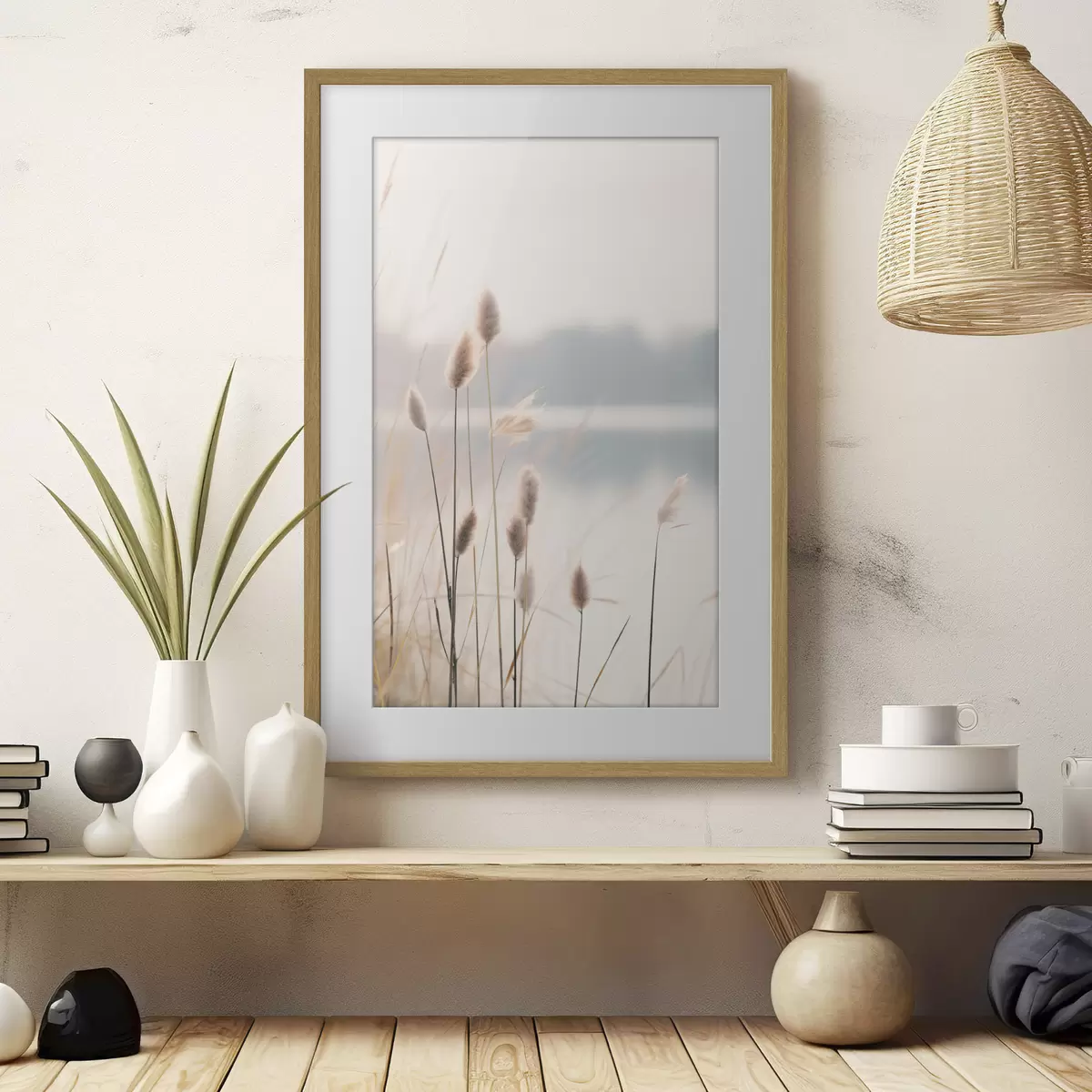 Poster Roseaux souples au bord d'un lac brumeux, tons beiges pastel f46504