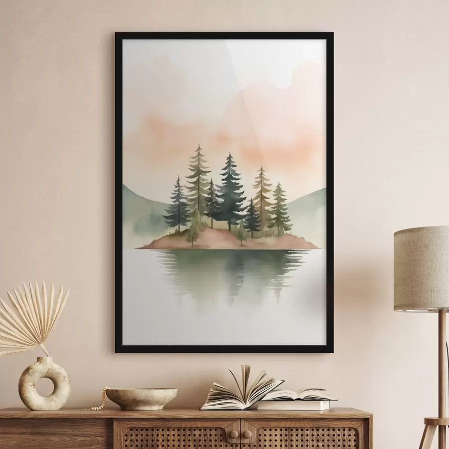 Papier peint Pin aquarellé sur un îlot brumeux, ciel couleur pêche tendre f46505