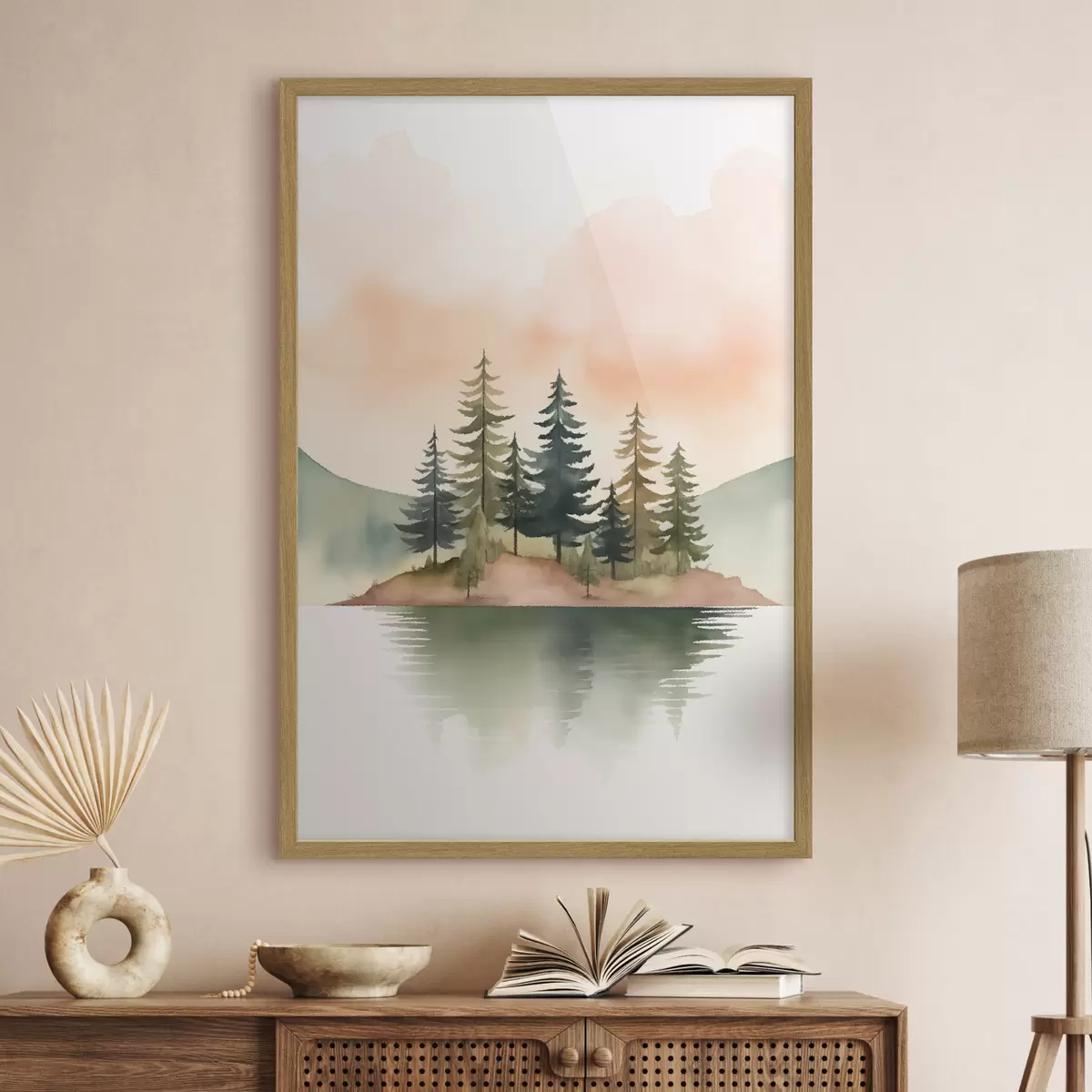 Poster Pin aquarellé sur un îlot brumeux, ciel couleur pêche tendre f46505