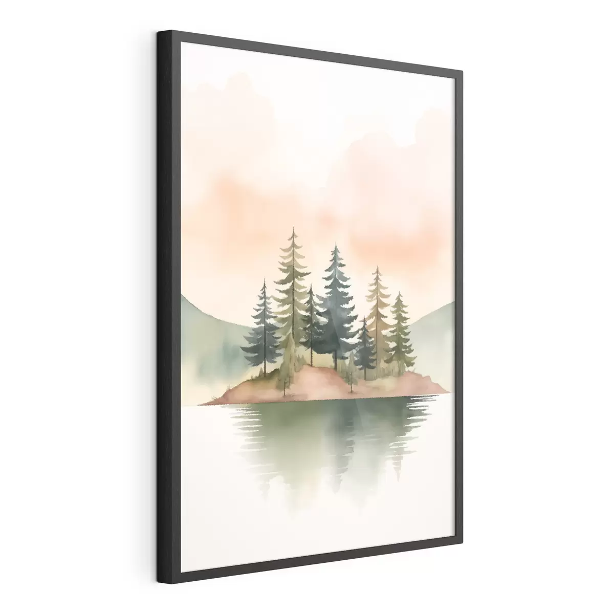Poster Pin aquarellé sur un îlot brumeux, ciel couleur pêche tendre f46505