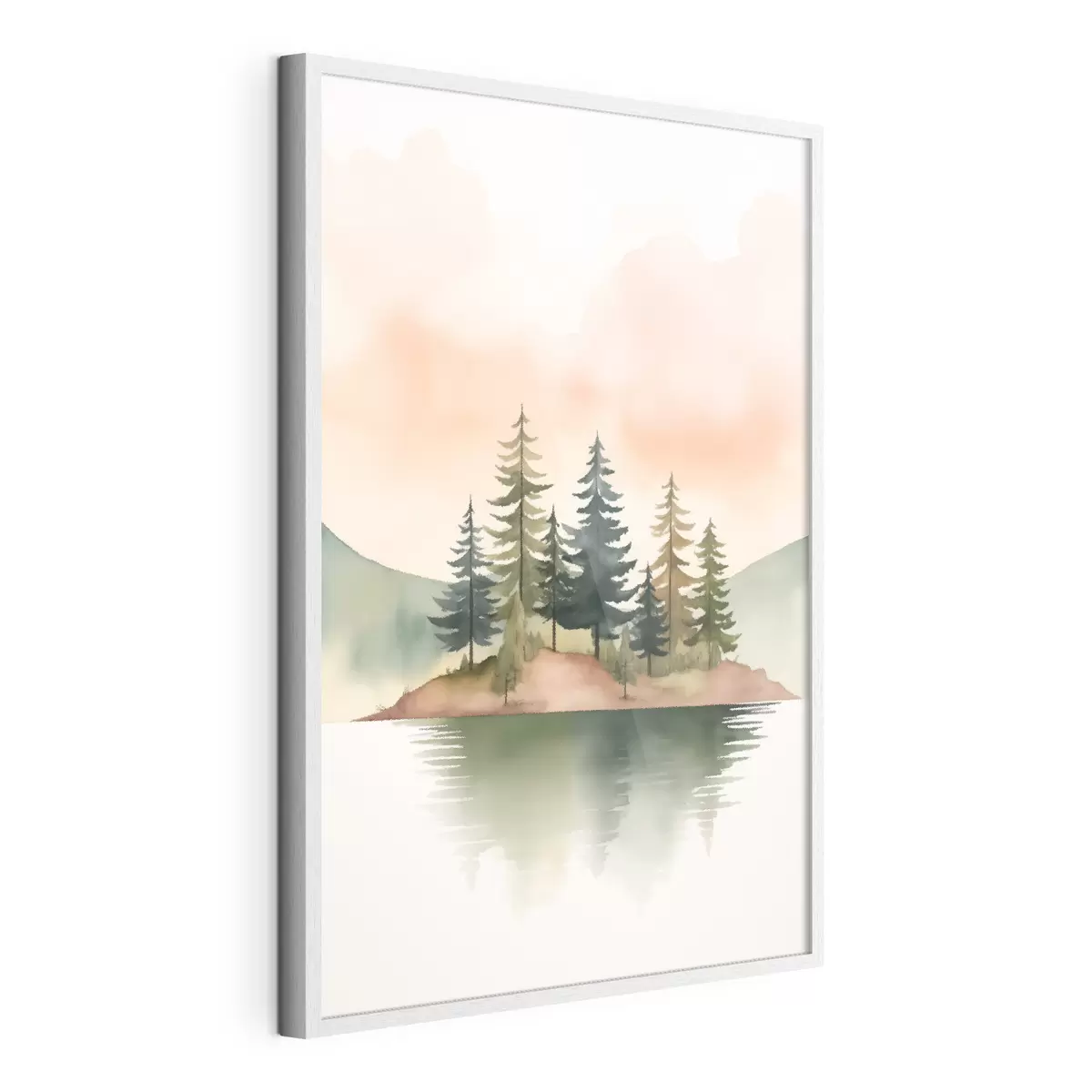 Poster Pin aquarellé sur un îlot brumeux, ciel couleur pêche tendre f46505