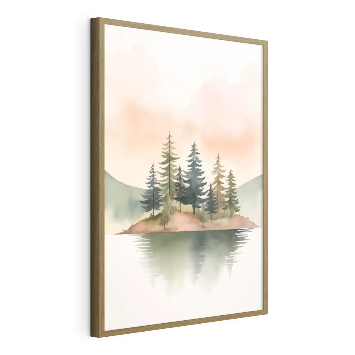 Poster Pin aquarellé sur un îlot brumeux, ciel couleur pêche tendre f46505