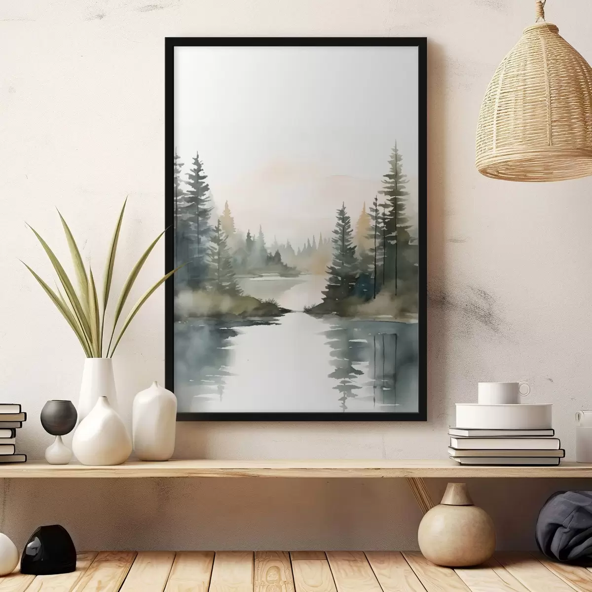 Poster Forêt brumeuse de conifères au-dessus d'une rivière calme, style aquarelle f46507