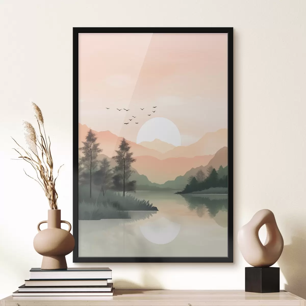 Poster Coucher de soleil pastel sur un lac tranquille avec des collines lointaines et des oiseaux f46508