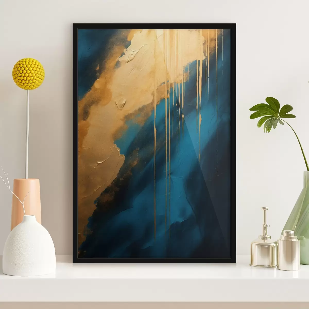 Poster Abstrait bleu sarcelle et bleu foncé avec des reflets chauds fluides f46509